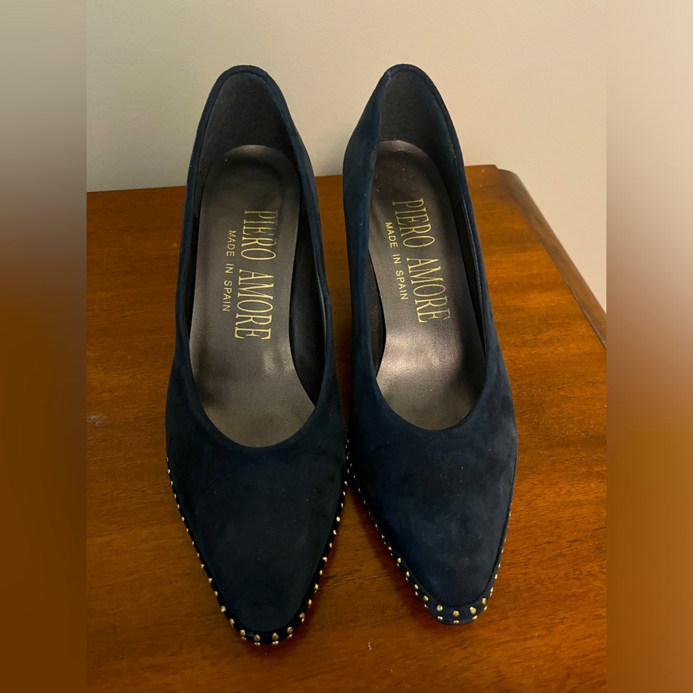 Dark blue suede heels with stud detail